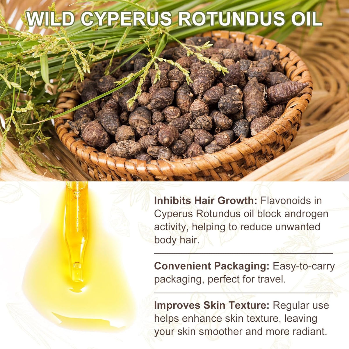 Hair Removal Oil with Natural Ingredients - Cyperus Rotundus Oil for Silky Skin