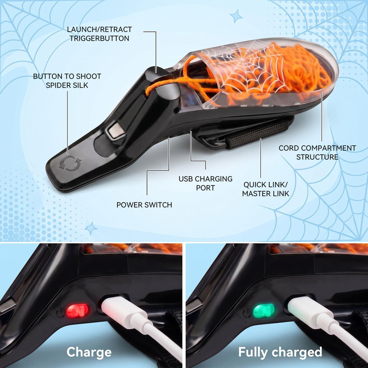 USB-C Rechargeable String-Launching Web Shooter Light-Up Toy